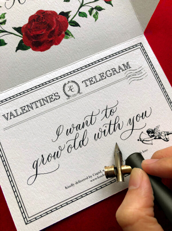 Telegram valentines card handwritten calligraphy 'I want to grow old with you'